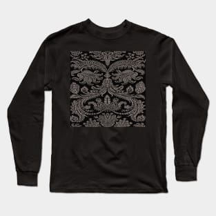 Grey on Black Gothic Royal Medieval Damask Scrolls Long Sleeve T-Shirt